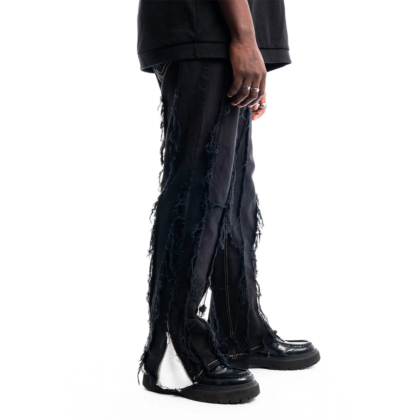 Black Ripped Denim — side view worn, unique item by PrototypesParis