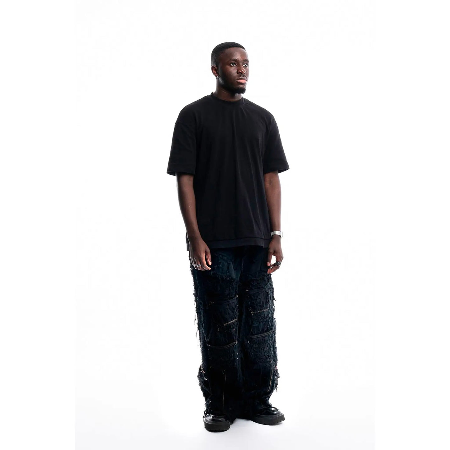 Obsidian Shred Denim — side view worn, unique item by PrototypesParis