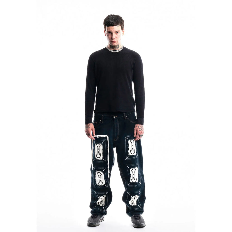 Black Framed Logo Jeans — 1/1 handmade upcycled denim by PrototypesParis