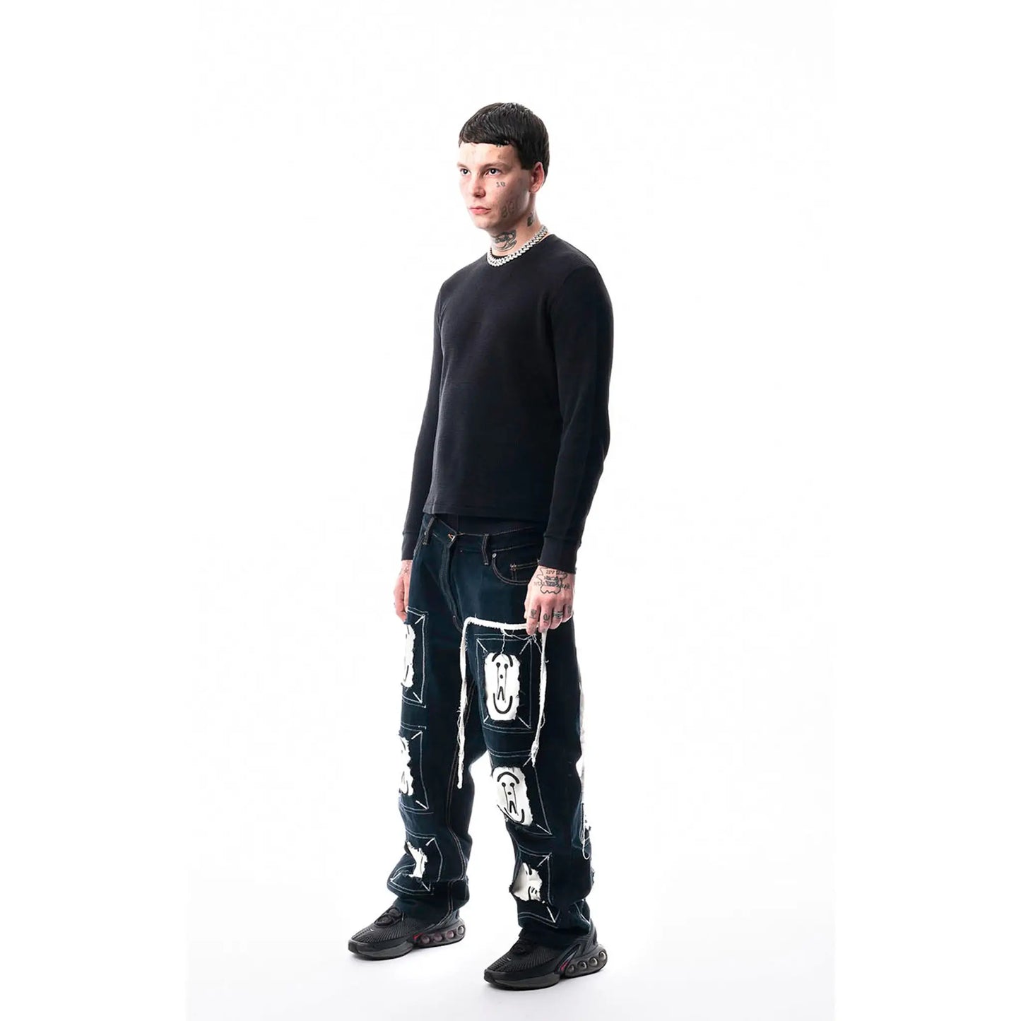 Black Framed Logo Jeans — side view worn, unique item by PrototypesParis