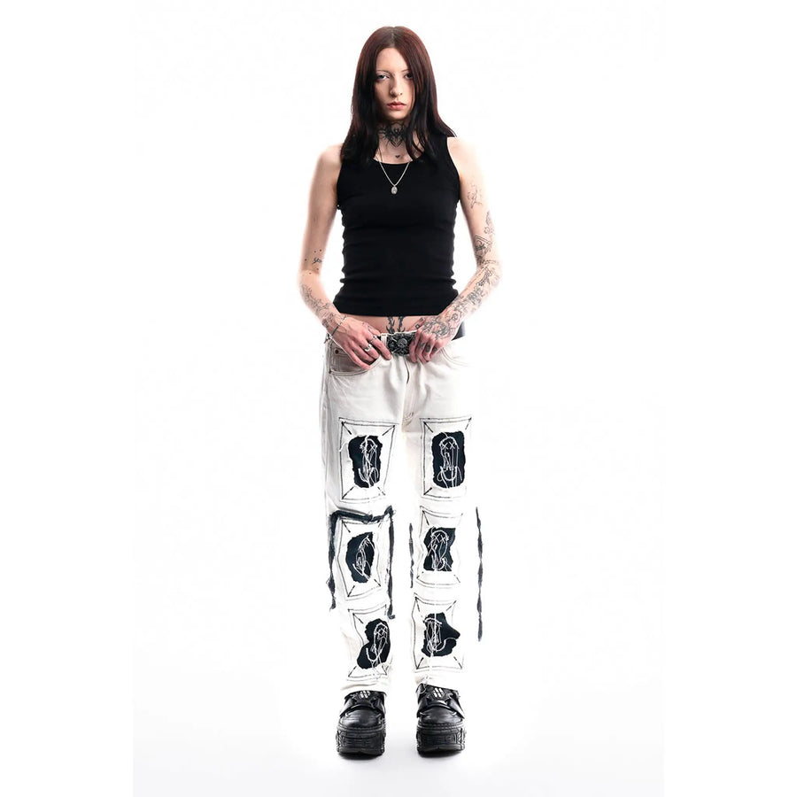 White Framed Logo Jeans — 1/1 handmade upcycled denim by PrototypesParis
