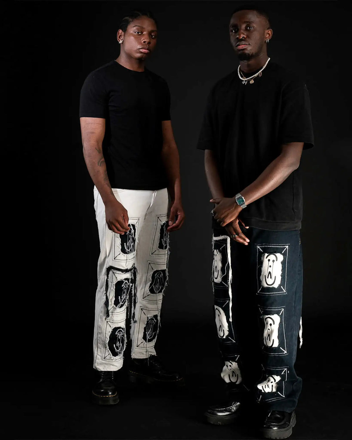 Black & White Framed Logo denim from the DNA Capsule by PrototypesParis, worn by two models.